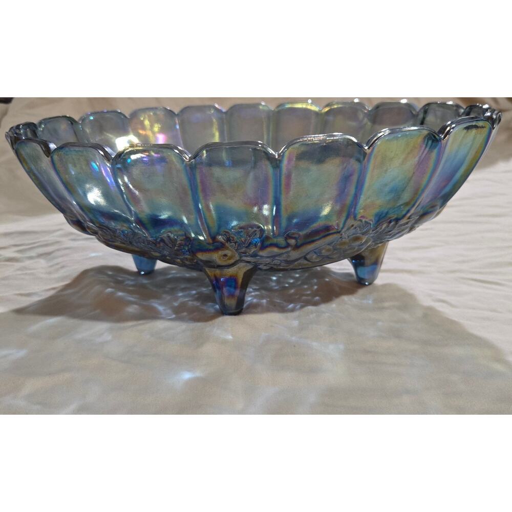 Vintage Indiana Carnival Glass Footed Fruit Bowl Harvest Grape Blue Iridescent